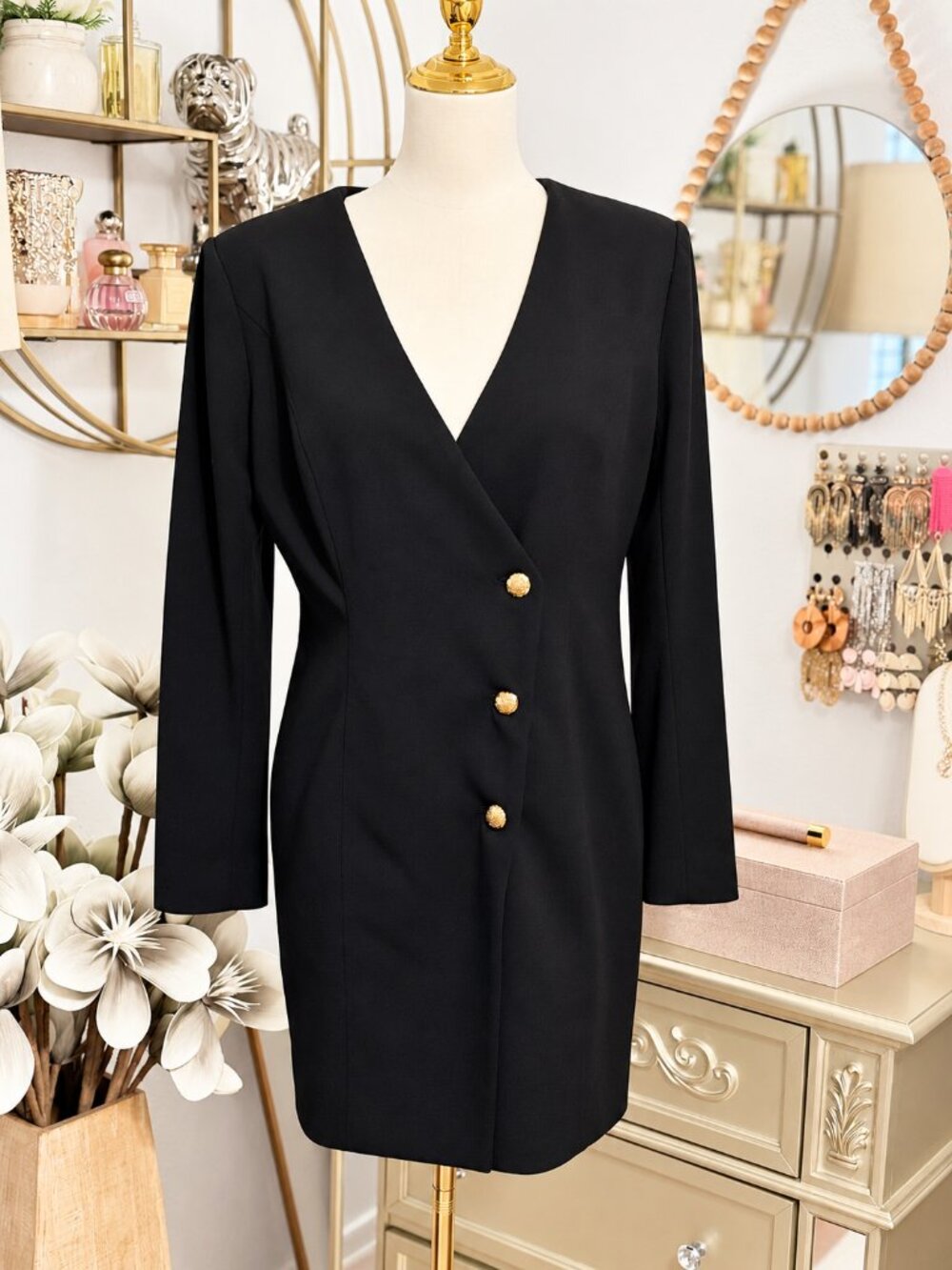 White House Black Market Black Blazer Dress with Gold Buttons – Fits Size 4